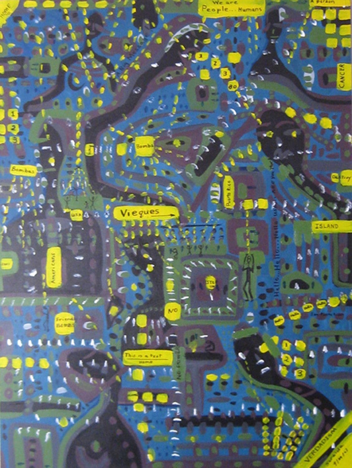 Verdadism painting: VIEQUES: Hello...Hello USA...Are you there? Created 2001 Acrylics on Canvas 48"x36"